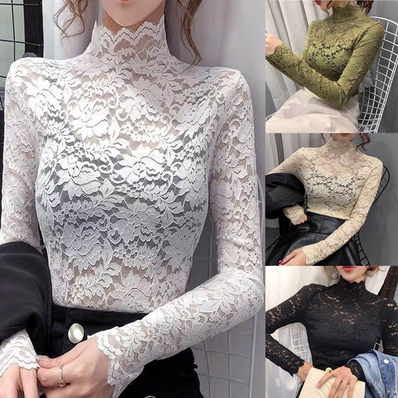 Abtuhar Women Long Sleeve Tops Solid High Neck Lace Slim Straight Hem Soft Fabric Fall Shirts