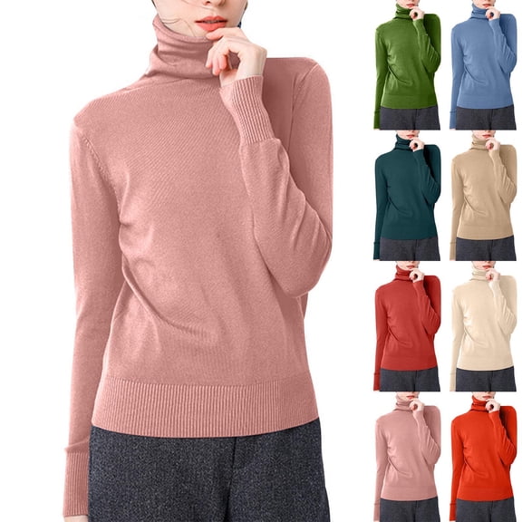 Abtuhar Women Long Sleeve Tops Solid High Neck Slim Straight Hem Soft Fabric Fall Shirts