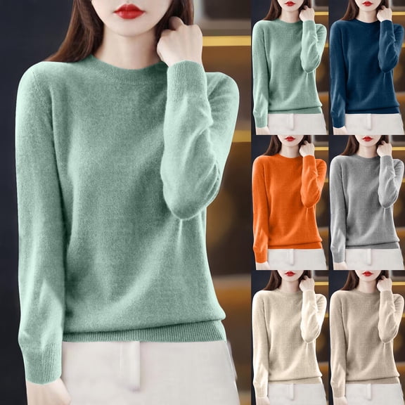 Abtuhar Women Long Sleeve Tops Solid Knit Round Neck Standard Hem Soft Fabric Fall Shirts