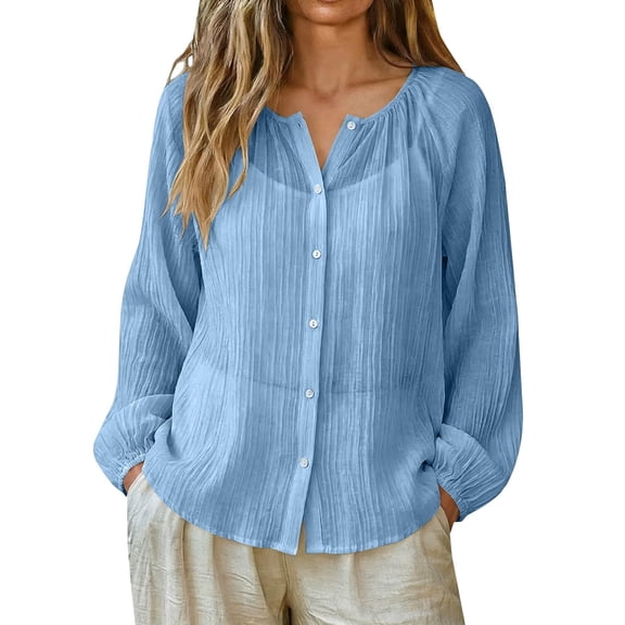 Abtuhar Women Long Sleeve Tops Solid Light Fabric Sun Protection Straight Hem Fall Shirts
