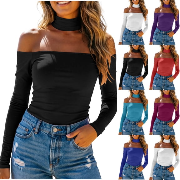 Abtuhar Women Long Sleeve Tops Solid Off Shoulder Cropped Built In Chest Pad Matching Scarf Fall Shirts