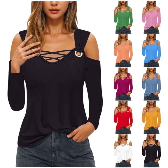 Abtuhar Women Long Sleeve Tops Solid Off Shoulder Straight Hem Soft Fabric Fall Shirts