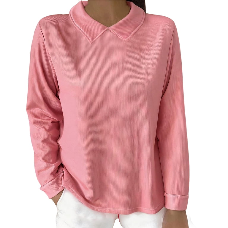 Abtuhar Women Long Sleeve Shirts Solid Round Flat Collar Loose Cut 