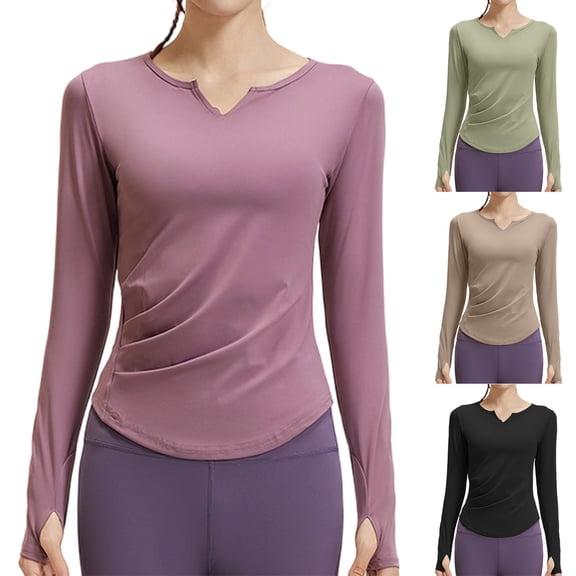 Abtuhar Women Long Sleeve Tops Solid Round Neck Breathable Straight Hem Light Fabric Fall Shirts
