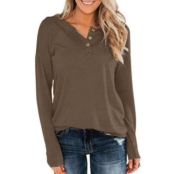 Abtuhar Women Long Sleeve Tops Solid Round Neck Button Front Pull Over Standard Hem Fall Shirts