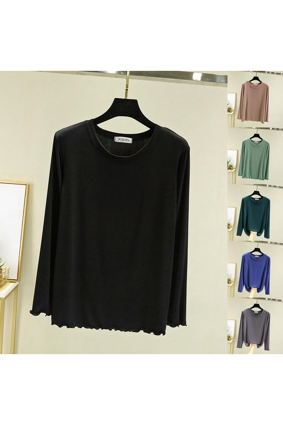 Women Long Sleeve Tops Solid Round Neck Lyocell Regular Hem Light Fabric Fall Shirts