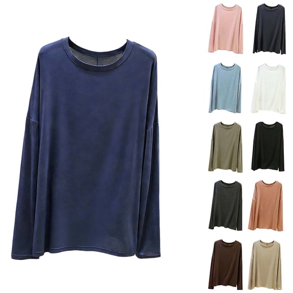 Abtuhar Women Long Sleeve Tops Solid Round Neck Lyocell Straight Hem Springtime Summer Shirts
