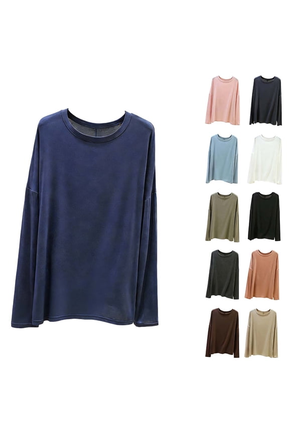 Women Long Sleeve Tops Solid Round Neck Lyocell Straight Hem Springtime Summer Shirts