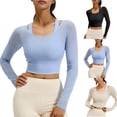 thumbnail image 1 of Abtuhar Long Sleeve Shirts for Women Fall Solid Round Neck Mesh Fake 2 Piece Built In Cup Breathable Womens Tops, 1 of 4