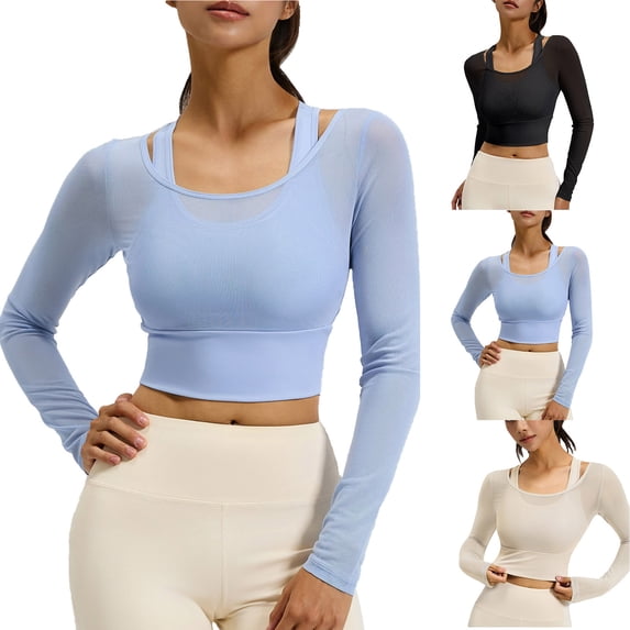 Abtuhar Long Sleeve Shirts for Women Fall Solid Round Neck Mesh Fake 2 Piece Built In Cup Breathable Womens Tops
