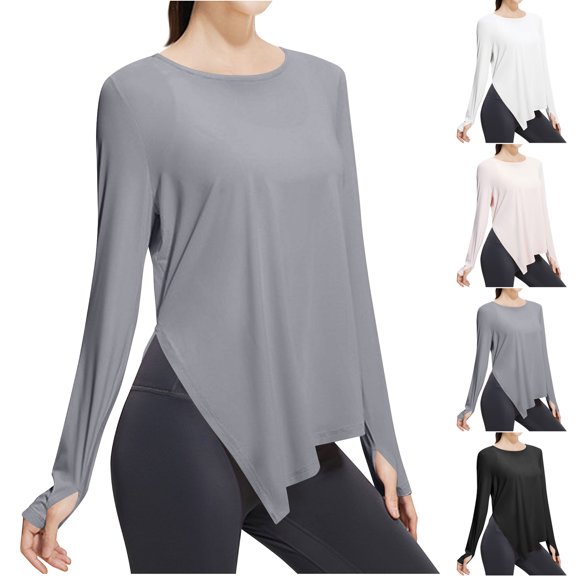 Abtuhar Women Long Sleeve Tops Solid Round Neck Regular Hem Soft Fabric Fall Shirts