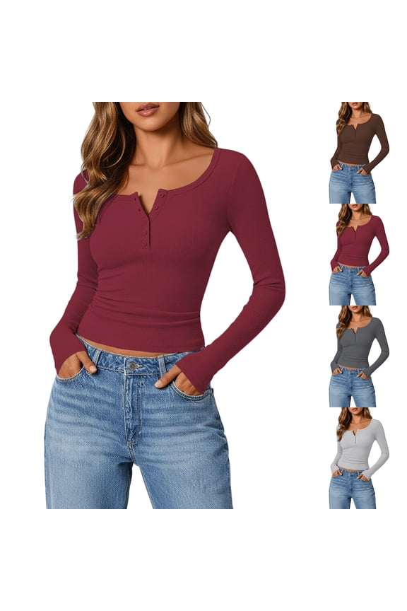 Women Long Sleeve Tops Solid Round Neck Ribbed Knit Button Front Slim Hem Fall Shirts