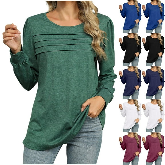 Abtuhar Women Long Sleeve Tops Solid Round Neck Ruffled Loose Straight Hem Light Fabric Fall Shirts