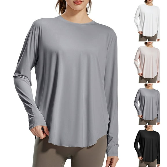 Abtuhar Women Long Sleeve Tops Solid Round Neck Standard Hem Light Fabric Fall Shirts
