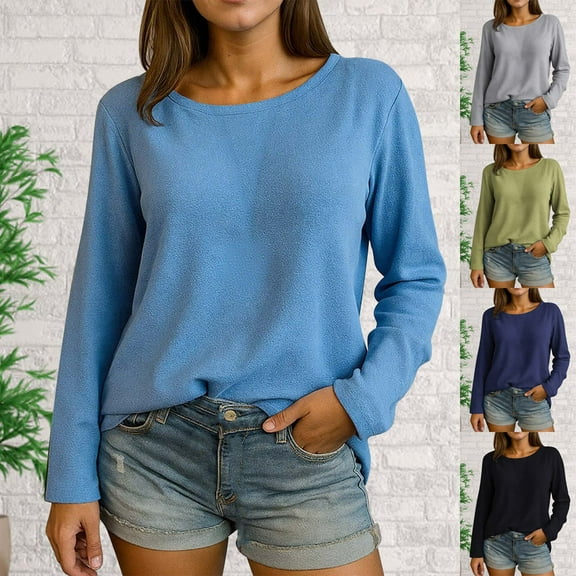 Abtuhar Women Long Sleeve Tops Solid Round Neck Standard Hem Light Fabric Fall Shirts