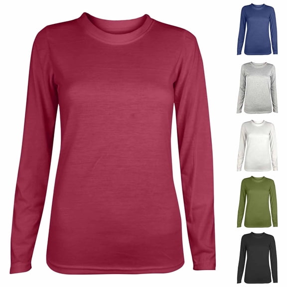 Abtuhar Women Long Sleeve Tops Solid Round Neck Standard Hem Soft Fabric Fall Shirts