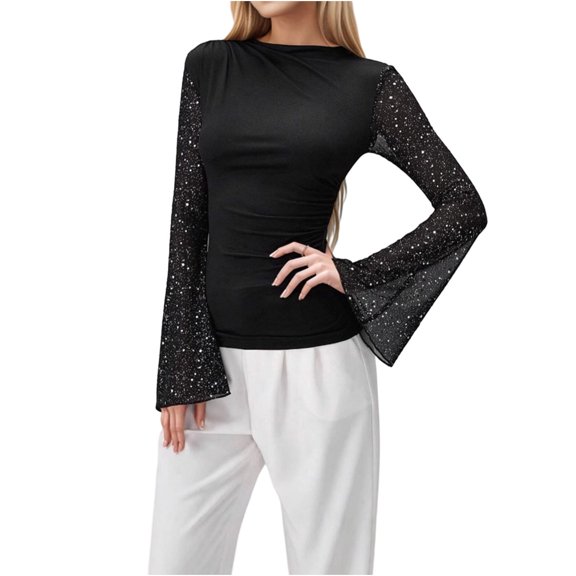 Abtuhar Women Long Sleeve Tops Solid Ruffle Sleeve Mesh Sequin Straight Hem Fall Shirts