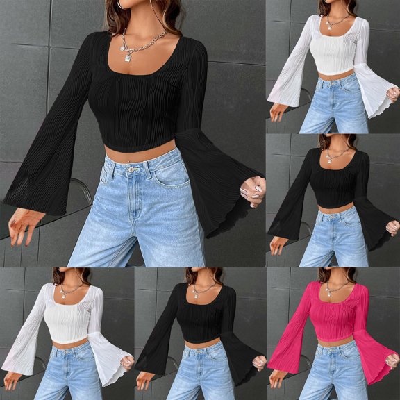Abtuhar Women Long Sleeve Tops Solid U Neck Cropped Flare Sleeve Straight Hem Light Fabric Fall Shirts