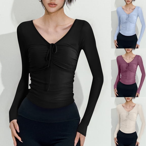 Abtuhar Women Long Sleeve Tops Solid V Neck Built In Chest Pad Ribbed Standard Hem Fall Shirts