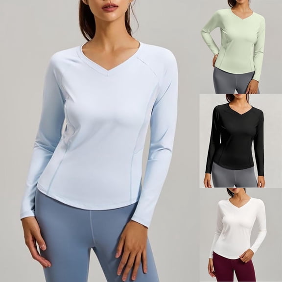 Abtuhar Women Long Sleeve Tops Solid V Neck Loose Breathable Straight Hem Fall Shirts