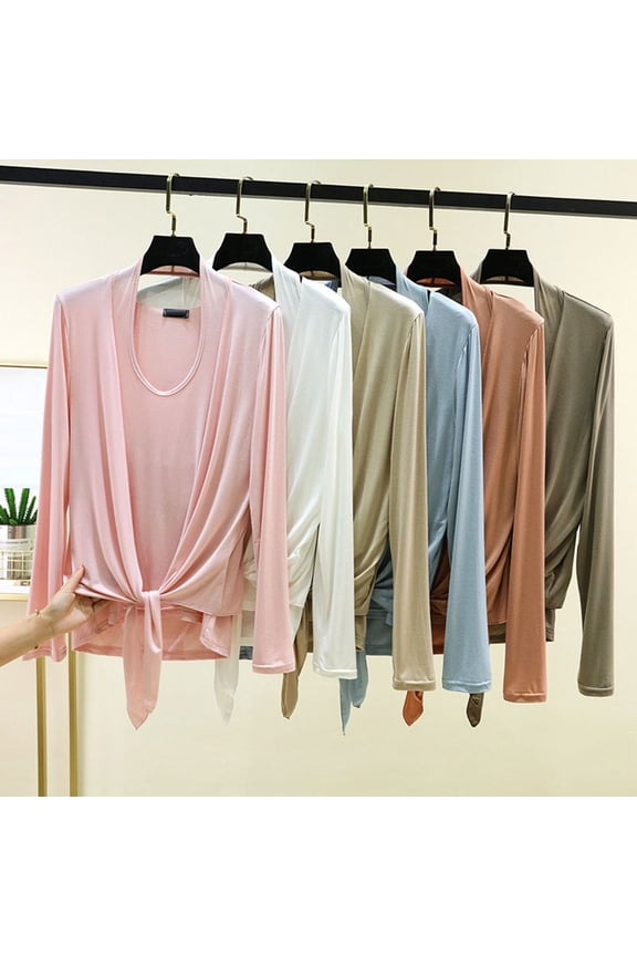 Women Long Sleeve Tops Solid V Neck Lyocell Open Front Cami 2 Piece Springtime Summer Shirts
