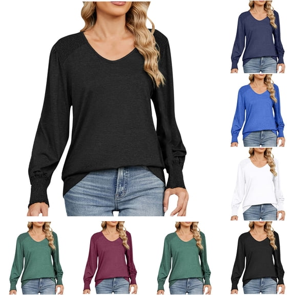 Abtuhar Women Long Sleeve Tops Solid V Neck Puff Sleeve Ruffled Loose Hem Fall Winter Shirts
