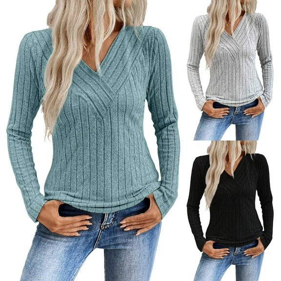 Abtuhar Women Long Sleeve Tops Solid V Neck Ribbed Brushed Knit Standard Hem Fall Shirts