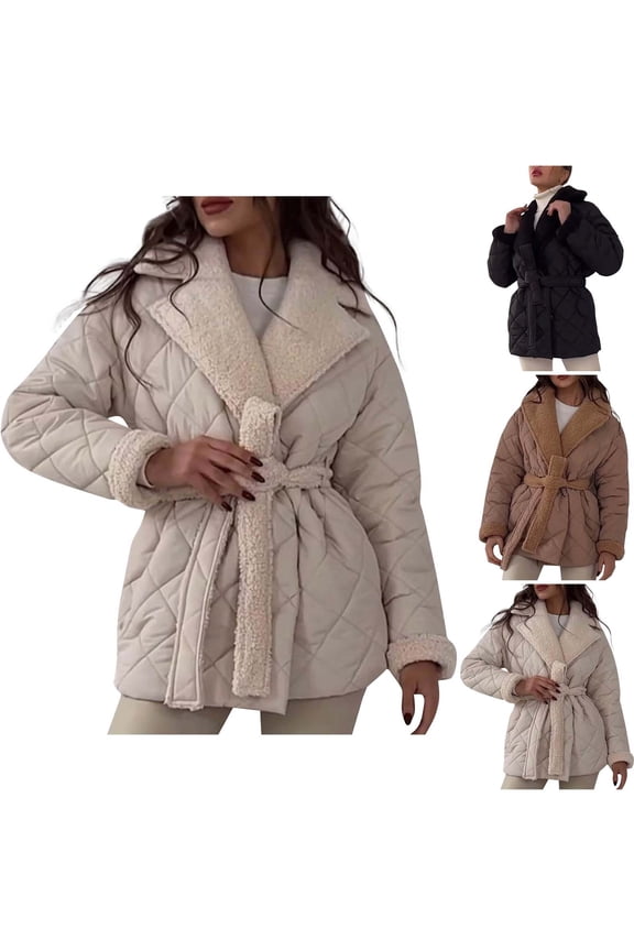 Women Outerwear Fall and Winter Fashion Solid Color Notched Lapel Heavy Weight Tie Waist Long Sleeve Quilted Jacket