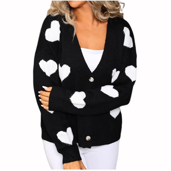 Bixock Women Outerwear Fall and Winter Heart Pattern Long Sleeve Tie Front Color Block Knit Cardigan Top