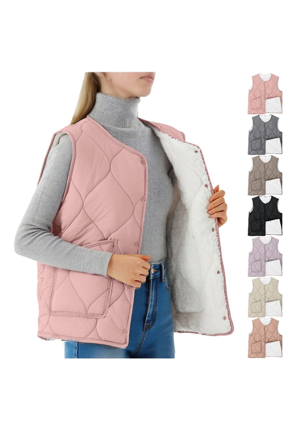 Women Outerwear Fall and Winter Snap Fleece Lined Vests Casual Wear Quilted Vests Sleeveless with Pockets