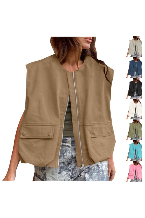Women Outerwear Fall and Winter Zipper Pocket Sleeveless No Hood Casual Jacket