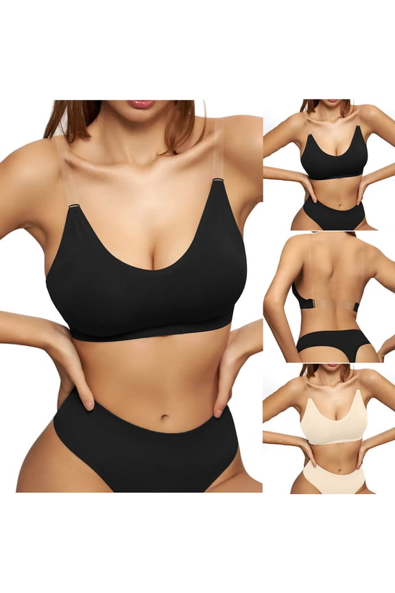 Women Plus Size Solid Clear Strap Fixed Cup Back Bras