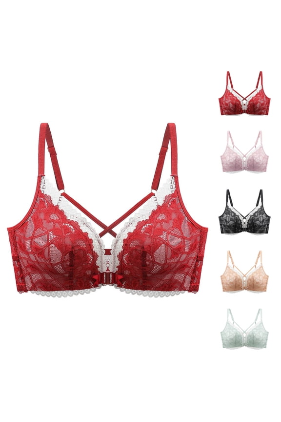 Women Solid Color Front Closure Lace Back Support Bras