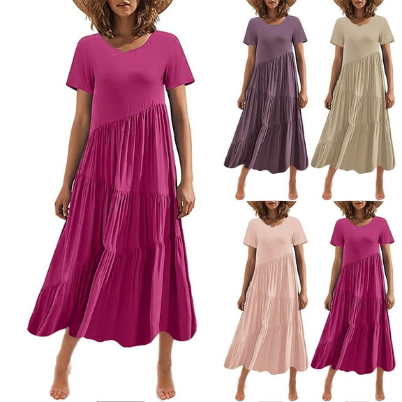 Abtuhar Women Summer Dress,Plus Size Dress for Women,Women's Summer Fashion Loose Long Dress Short Sleeve Round-Neck Asymmetric Layered Beach Long Dress