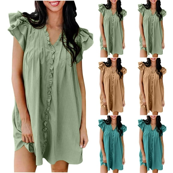 Abtuhar Women Summer Dress,Plus Size Dress for Women,Women Casual Ruffle Short Sleeve V-Neck Solid Dresses