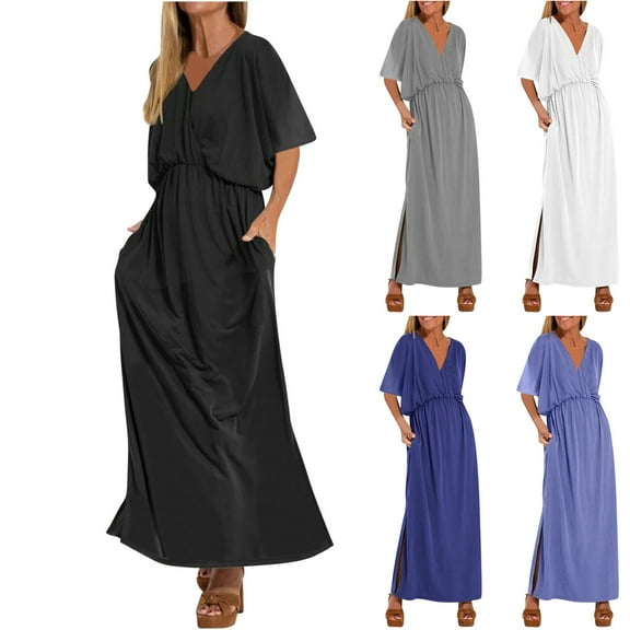 Abtuhar Women Summer Dress,Plus Size Dress for Women,Women's Casual Fashionable Solid Color High Waisted Split Middle Sleeved V-neck Dress