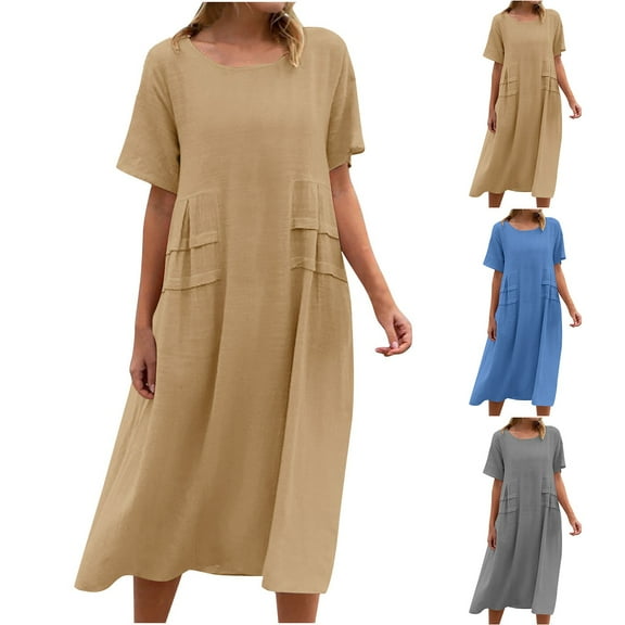 Abtuhar Women Summer Dress,Plus Size Dress for Women,Women's Casual Loose Cotton And Linen Solid Color Short Sleeved Round Neck Dress