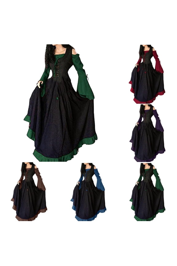 Women Dresses,Casual Dresses for Women,Medieval European And American Court Retro Slim Fitting Lace Up Large Hem Patchwork Dress Set