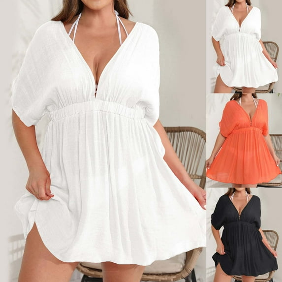 Abtuhar Women's Summer Dresses,Women's Solid Color Short Sleeved V-neck Waist Cinching Skirt Pleated Beach Bikini Cover Up Short Sleeved V-neck Dress