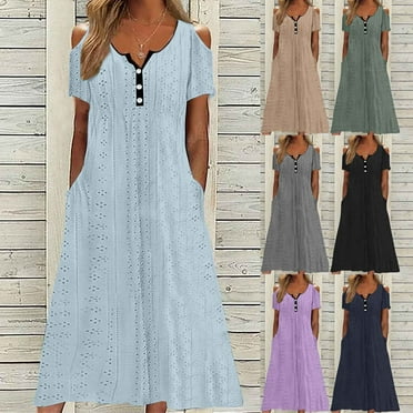 Summer Savings Clearance 2025! Abtuhar Dresses for Women,Women's Summer Comfort Fashion Solid Color ButtonHollowing Out Pocket Short Sleeve Round-Neck Dress