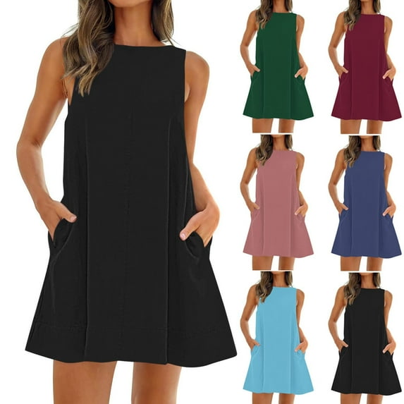 Summer Savings Clearance 2025! Abtuhar Dresses for Women,Women's Summer Comfort Fashion Solid Color Pocket Backless Sleeveless Round-Neck Dress