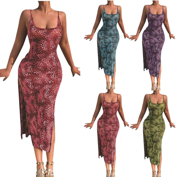 Abtuhar Women Summer Dresses 2025,Casual Dresses for Women,Fashion Women Sexy Sleeveless Leopard Ladies Round Neck Slim Long Dress