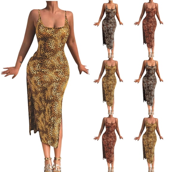 Abtuhar Women Summer Dresses 2025,Casual Dresses for Women,Fashion Women Sexy Sleeveless Leopard Ladies Round Neck Slim Long Dress