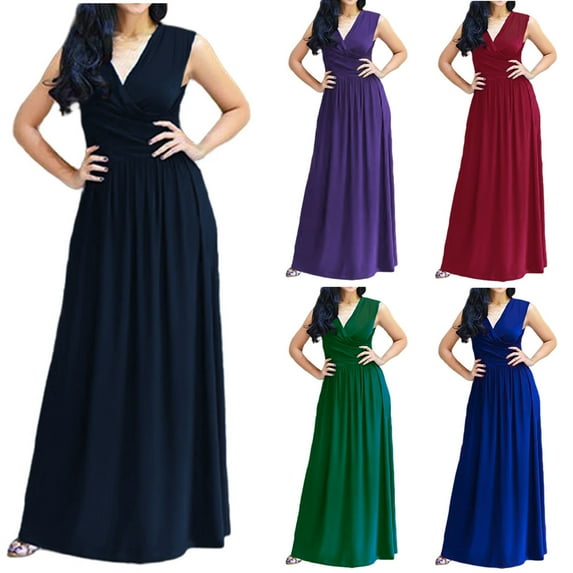 Abtuhar Women Summer Dresses 2024,Casual Dresses for Women,Ladies Summer Evening Dress Sleeveless Waist V-neck Solid Color Dress
