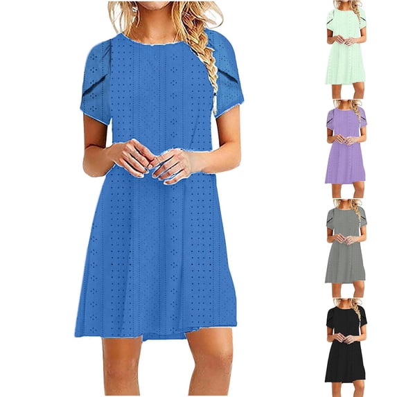 Abtuhar Dresses for Women,Summer Women's Casual Solid Color Sleeves Round Neck Dress