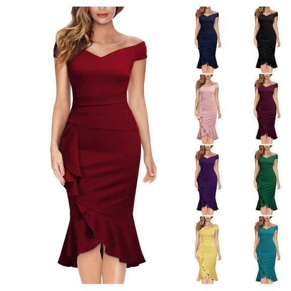 Abtuhar Women Summer Dresses 2025,Casual Dresses for Women,Women Fashion Ruffles V-Neck Sleeveless One Shoulder Ankle Dress