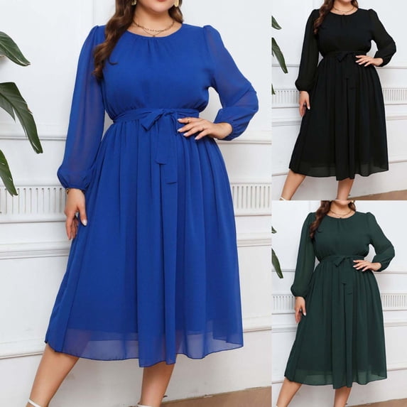 Abtuhar Women Summer Dresses 2024,Casual Dresses for Women,Women's Fashion Casual Comfort Solid Color Tie Long Sleeve Round-Neck Dress