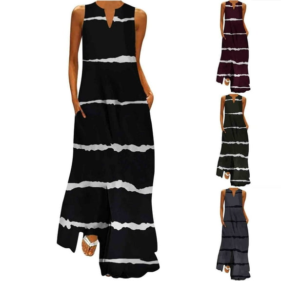 Abtuhar Women Dresses,Casual Dresses for Women,Women's Fashion Printed Sleeveless V-Neck Ankle Dress