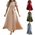 thumbnail image 1 of Summer Savings Clearance 2025! Abtuhar Women's Summer Dresses,Women's Fashion Solid Color Short Sleeve V-Neck Frenum Dresses, 1 of 4