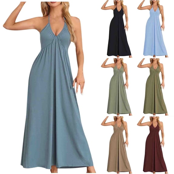 Abtuhar Women Summer Dresses 2025,Casual Dresses for Women,Women's Fashion Solid Color Sleeveless V-Neck Ankle Dress